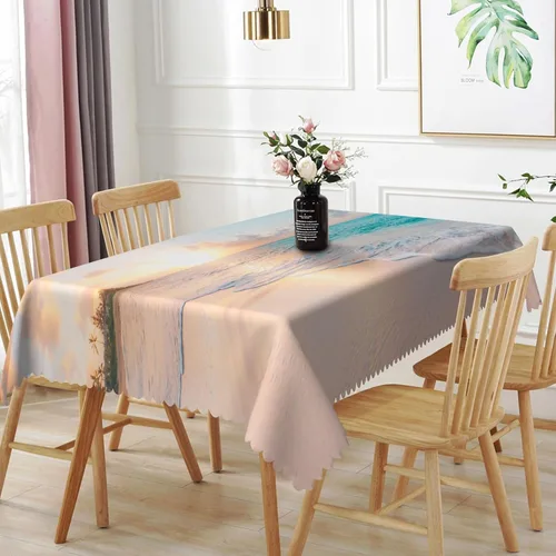 Miniatura 27 de Mantel oblongo, diseño de playa de 52 x 70 pulgadas, diseño de playa con estrellas de mar y olas de mar, con decoración impermeable y resistente a