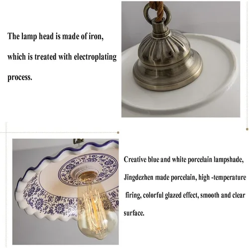 Miniatura 7 de MARURY Lámpara colgante de techo, luz colgante de porcelana azul y blanca, lámpara clásica de cerámica pequeña ajustable para cocina, isla