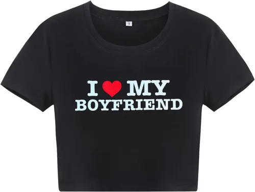 Miniatura 2 de Kavousa Camiseta corta con texto en inglés "I Love My Boyfriend" de manga larga Y2K, camiseta de gran tamaño para mujeres, adolescentes y niñas