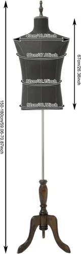 Miniatura 2 de Torso de maniquí masculino con soporte de madera, altura ajustable de 59-71 pulgadas, forma de vestido para exhibición de trajes, costura y Negro