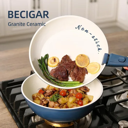 Miniatura 8 de BECIGAR Juego de 23 ollas y sartenes de cerámica, antiadherentes con mango desmontable, juego de cocina de inducción con mango extraíble, incluye