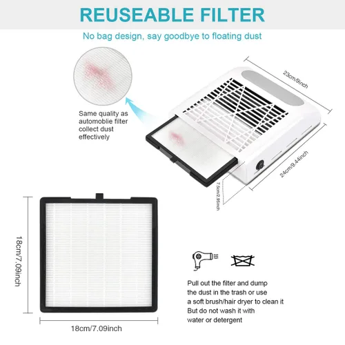 Miniatura 6 de Colector de polvo de uñas (no requiere bolsa), potente colector de polvo al vacío de uñas de 80 W con 2 filtros, extractor de polvo de bajo ruido