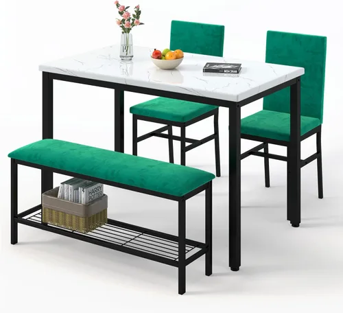 YOFE Juego de mesa de comedor para 4, mesa de cocina de mármol sintético, juego de sillas de mesa de cocina con sillas de terciopelo, banco con red