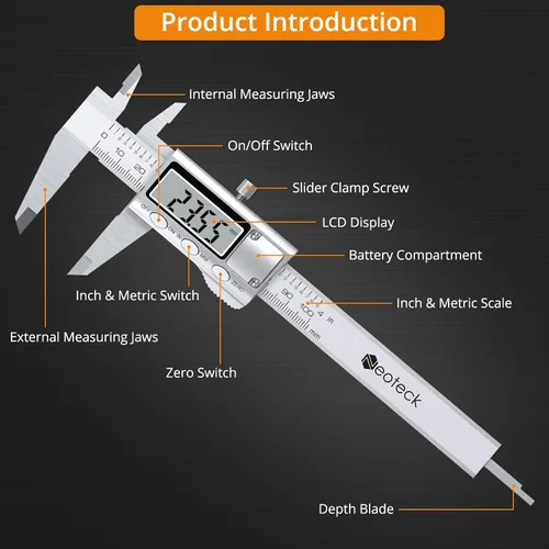 Miniatura 6 de Neoteck calibrador digital de 4 pulgadas/100 mm, calibradores electrónicos de acero inoxidable, herramienta de medición con conversión
