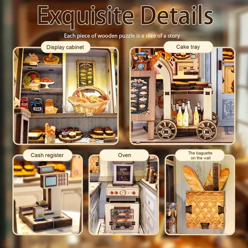 Miniatura 3 de Kits de rincón de libros para adultos, casa de muñecas en miniatura para panadería y pastelería Acogedor rompecabezas de madera 3D, un regalo