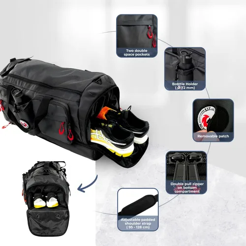 Miniatura 2 de Bolsa deportiva 3 en 1 grande de viaje color negro - Función de mochila y paredes de división - ca. 75 L con 7 bolsillos y sección inferior separada