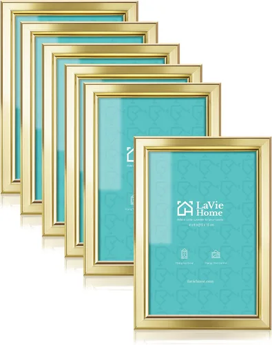 LaVie Home - Marco de fotos (6 unidades), diseño simple con cristal de alta definición, para montaje en pared y en mesa, colección clásica, Dorado,