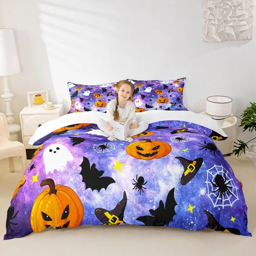 Miniatura 10 de Manfei Juego de funda de edredón con diseño de calabaza, tamaño individual, funda de edredón con 1 funda de almohada, juego de ropa de cama de 2