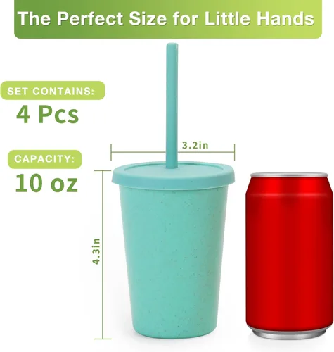Miniatura 5 de Mfacoy Paquete de 4 vasos de paja de trigo con tapa y pajitas, vaso irrompible de 10 onzas para niños, vasos reutilizables para beber, vaso pequeño