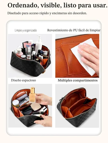 Miniatura 6 de Bolsa de cosméticos de viaje de gran capacidad - Bolsas de maquillaje portátiles para mujeres, impermeable, de cuero PU a cuadros, con organizador