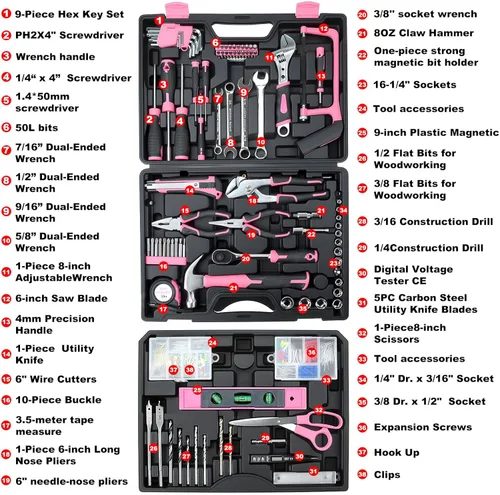 Miniatura 3 de Juego de herramientas: kit de herramientas de 412 piezas para reparación del hogar/automóvil, organizador de almacenamiento con cajones, caja de Rosa