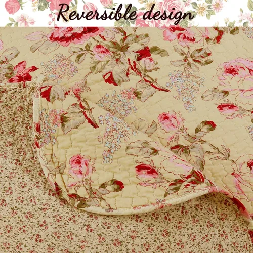Miniatura 3 de Cozy Line Home Fashions Lelia Rosa Pink Floración Floral Vintage Amarillo Juego de Ropa de Cama Edredón Reversible 100% Algodón, Colcha Cubrecama