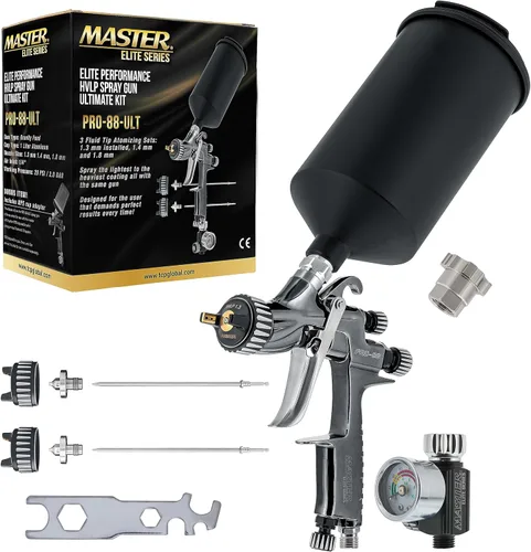 Master Elite Performance PRO-88 HVLP Pistola de Pintura en Aerosol Automotriz con 3 Puntas de 1.3, 1.4 y 1.8mm, Taza de 1L, Regulador de Presión,