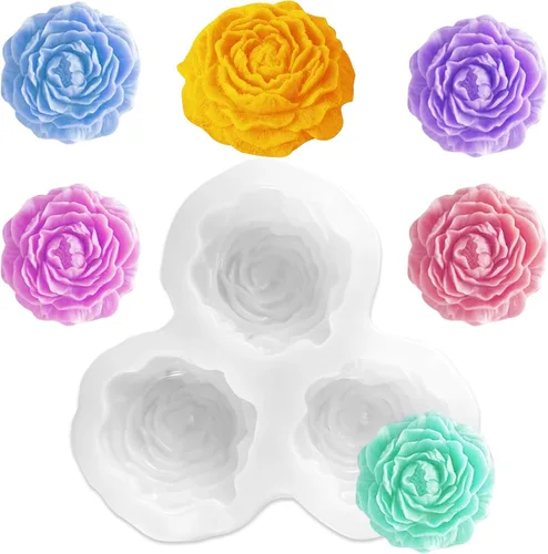 Molde de vela de peonía de 3 cavidades, molde de silicona para fondant de peonía para resina epoxi floral, cera, jabón, arcilla, yeso, velas,