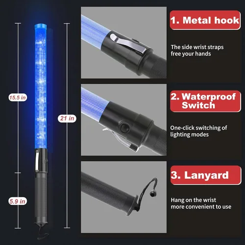 Miniatura 7 de 2 Piezas Varitas de Tráfico de Señalización de 21 Pulgadas con 3 Modos Intermitentes y 6 Luces LED, Bastón de Seguridad de Tráfico con Clip Lateral