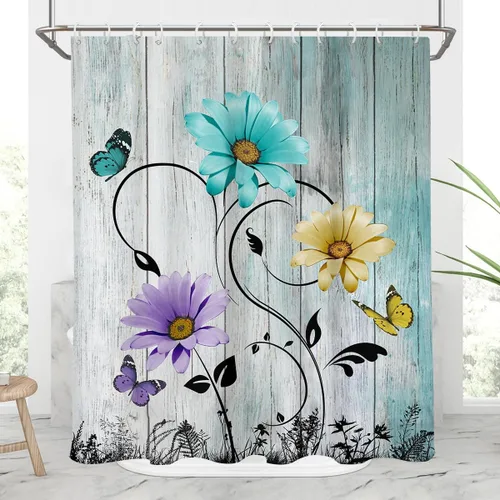Miniatura 20 de AAtter Cortina de ducha floral azul rústica boho gris blanco amarillo margarita naturaleza negro botánico telón azul verdoso turquesa tela única