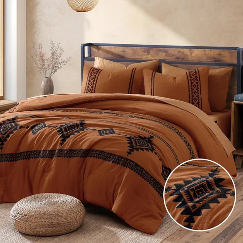 Miniatura 10 de MaiRêve - Juego de edredón con bordado, juego de ropa de cama estilo rústico bohemio occidental, juego de cama en una bolsa para todas las Blanco