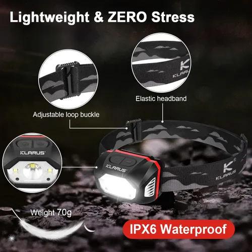 Miniatura 8 de klarus HM1 IPX6 - Linterna frontal recargable impermeable con sensor de movimiento, batería de 70 horas de duración, carga completa en 2.5 horas