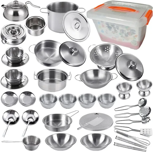 Juego de juguetes de cocina de tamaño mini para niños, accesorios con utensilios de cocina de acero inoxidable, juego de ollas y sartenes de acero
