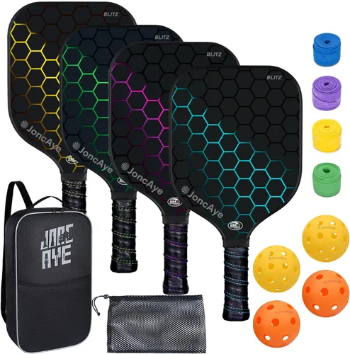 JoncAye Pickleball Paddles Set of 4 or 2, USAPA Approved Fiberglass Rackets with Outdoor Indoor Balls, Bag, Overgrip, Lightweight for Family, Azul