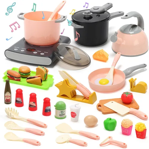CUTE STONE Juego de accesorios de cocina, juego de juguetes de cocina para niños con ollas y sartenes, placa de cocina electrónica de inducción con