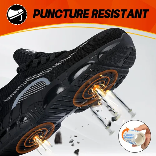 Miniatura 3 de BAIYIJIA Zapatos de punta de acero para hombre, zapatos de trabajo antideslizantes para construcción con amortiguación de aire, zapatos