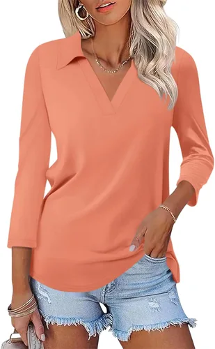 Miniatura 14 de TICTICMISS - Camisas polo de cuello en V para mujer, manga 3/4, con cuello, tops casuales de negocios, tops de verano a la moda, holgados