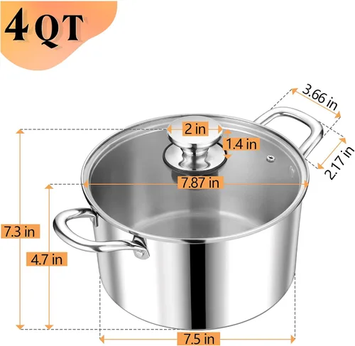 Miniatura 2 de P&P CHEF Olla de 4 cuartos de galón de acero inoxidable tricapa, olla de 4 cuartos de galón para cocinar pasta con tapa visible para sopa