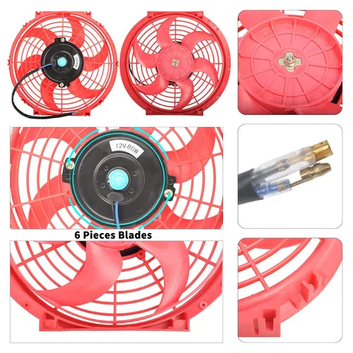 Miniatura 3 de Ventilador eléctrico universal de 25,4 cm, delgado, push/pull para radiador, 12V 80W, kit de montaje de alto rendimiento, rojo, 2 piezas