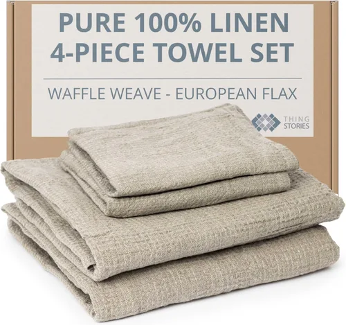 Juego de 4 toallas de 100 % lino, juego de 2 toallas de baño, 2 juegos de toallas de mano, toallas de fibra natural para baño, finas prelavadas,