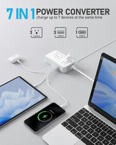 Miniatura 3 de Convertidor de voltaje de 220 V a 110 V de EE. UU. a Europa, convertidor de voltaje de 2000 W para viajes europeos con 3 puertos AC 2 USB-C 2 USB-A