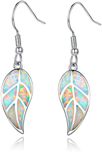 CiNily Aretes colgantes chapados en oro blanco de 18 quilates con hoja de ópalo para mujeres, adolescentes y niñas, regalo de joyería de ópalo