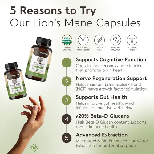 Miniatura 3 de Longevity Botanicals Cápsulas orgánicas de hongo melena de león extracto suplemento 120ct Hericium Erinaceus cuerpo fructífero ≥20%