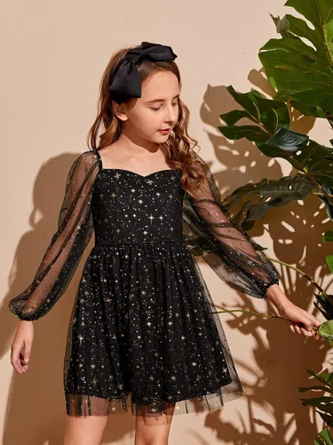 Miniatura 4 de WDIRARA Vestido de manga larga abombada con volantes y lunares para niña