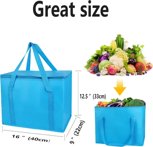 Miniatura 2 de Paquete de 2 bolsas aislantes extra para la compra, azul grande, bolsas reutilizables, Pizza, cremallera resistente, plegable, tote, nevera