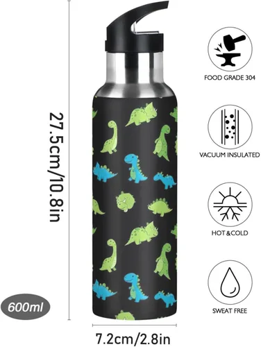 Miniatura 9 de Insulated Stainless Steel Water Bottle with Straw 20 Oz, BPA-Free Sport Water Bottle for Gym Outdoor Travel School, Cute Dino