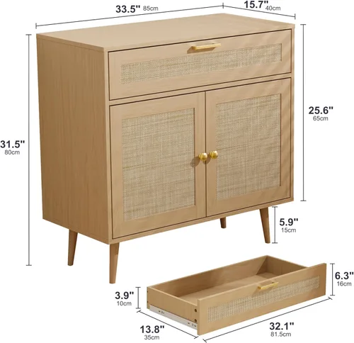 Miniatura 2 de Furnify Aparador de ratán buffet, armario de cocina bohemio con cajón y 2 puertas, armario moderno de mediados de siglo con estante ajustable, barra