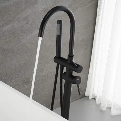 Miniatura 4 de Grifo de Bañera Independiente Relleno de Tina Montaje en Piso de Latón Grifo de Baño Negro con Ducha de Mano