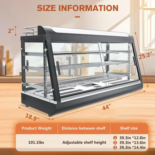 Miniatura 4 de Calentador de alimentos comercial de 3 estantes con estante superior, calentadores de encimera de 44 pulgadas, caja caliente para pizza/pretzel