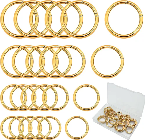 Juego de 24 anillos de resorte, mosquetón circular con clip en 4 tamaños, mosquetón redondo de aleación de zinc, hebilla de gatillo a presión,