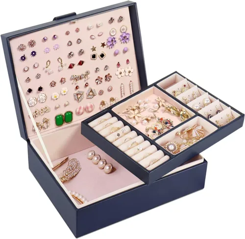 Caja organizadora de joyas cajas de joyería grandes de piel sintética collares anillos aretes organizador de almacenamiento pantalla de doble capa