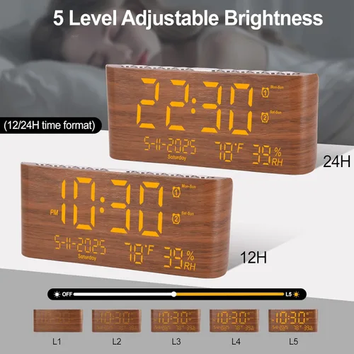 Miniatura 7 de PPLEE Reloj despertador digital de 8.7 pulgadas para dormitorio, reloj digital con día de la semana, mes, año, humedad y temperatura, brillo