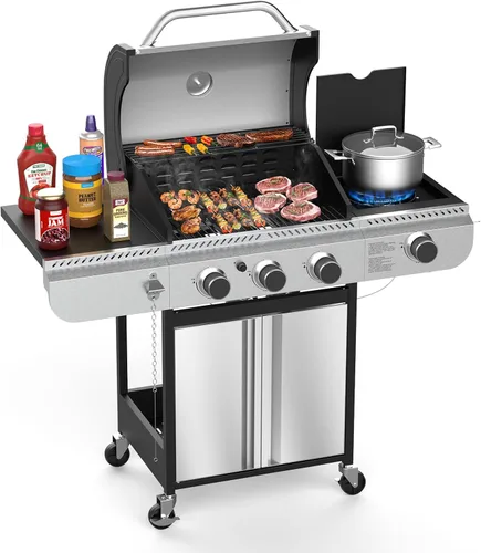 Barbacoa de 3 quemadores de gas propano con quemador lateral, parrilla de barbacoa de acero inoxidable con rejillas de hierro fundido esmaltadas en