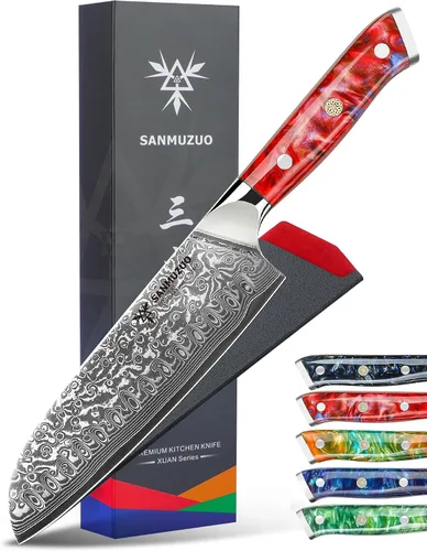 Miniatura 7 de Santoku Cuchillo de 7 pulgadas - Serie Xuan - Cuchillo de cocina de acero Damasco VG10 - Mango de resina (verde jade)