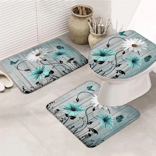 Miniatura 12 de Alfombra de baño rústica blanca floral, flores y mariposas en tabla de madera vieja, antideslizante, juego de alfombras de baño vintage