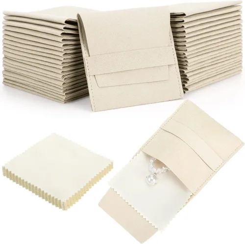 120 piezas de microfibra bolsa de joyería 3.1x3.1 in bolsa de embalaje regalo de lujo correa fija estilo sobre embalaje con paño de limpieza (beige)