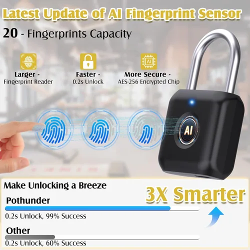 Miniatura 3 de Candado de Huella Dactilar, Pothunder Candado Inteligente, Cerradura para Casillero, Cerradura de Huella Dactilar con Desbloqueo por APP, Recargable