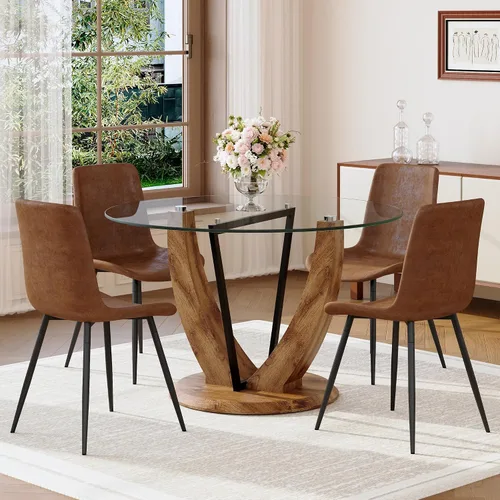 Miniatura 17 de 5-Piece Round Glass Dining Table Set for 4, 48” Modern Dining Room Table with Wood Grain Base, Brown Suede Upholstered Chairs with Black Metal Legs