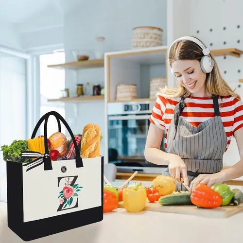 Miniatura 97 de Bolsa de lona con inicial, regalos de cumpleaños personalizados para mujeres, madres, amigas y profesoras, bolsas de mano con monograma adecuadas