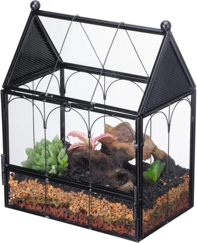 NCYP Pequeño recinto de terrario de vidrio con malla para arañas saltadoras, plantas suculentas en forma de micro casa, terrario, decoración del